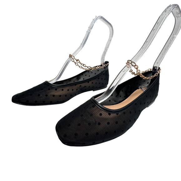 LOFT Black Dotted Mesh Ballet Flats Gold Chain Ankle Strap Women’s 11M - Picture 12 of 12